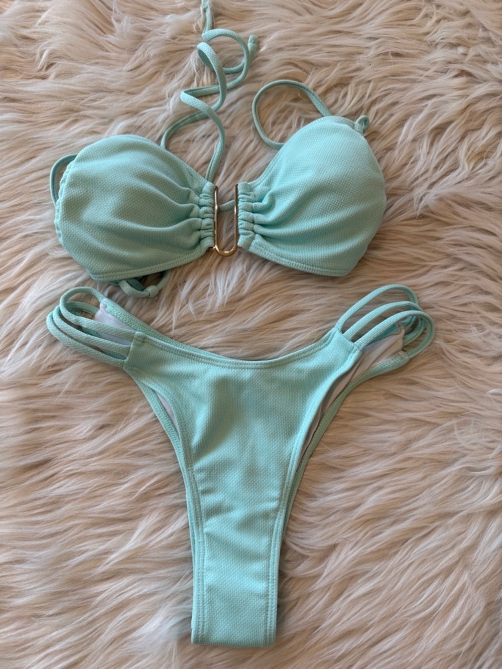 Mint Green Solid Bandeau Halter Strappy Bikini Small MERMAID Feminine Minimalist